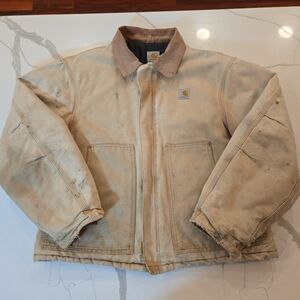 VTG 90s Carhartt Detroit Arctic Distressed Faded Beige Canvas Quilted Jacket XL